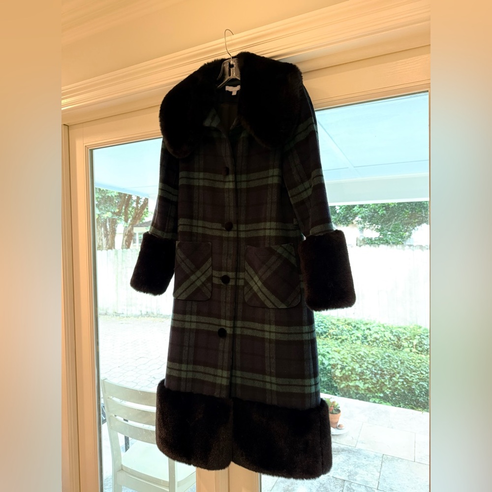 Antonio Melani X Nicola Bathie Avery Plaid Coat with Faux Fur Trim Size 0-2